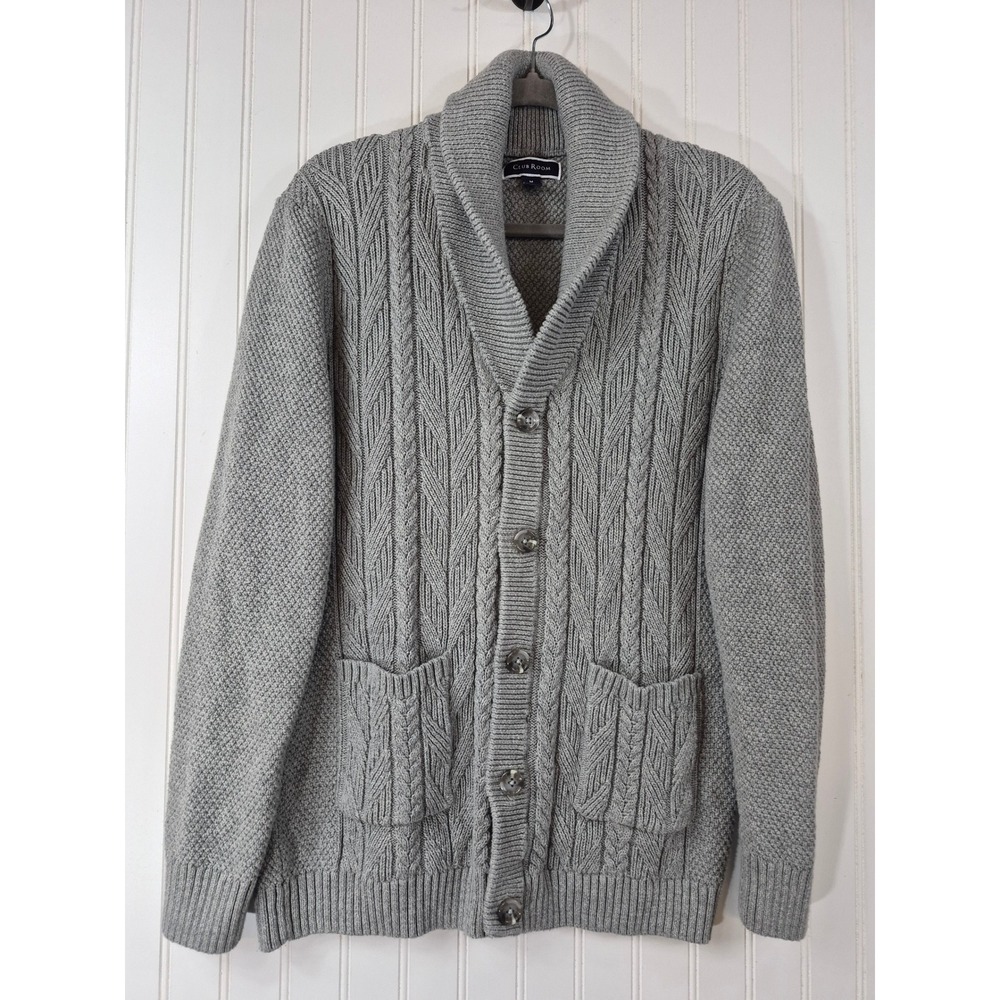 Club Room Mens Grey Cable Knit Shawl Collar Button Front Cotton Cardigan Size M